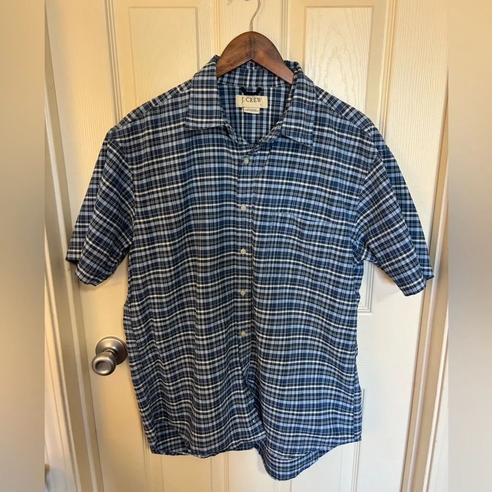 J.Crew Plaid Button-Up Shirt Blue White 100% Cotton Size L